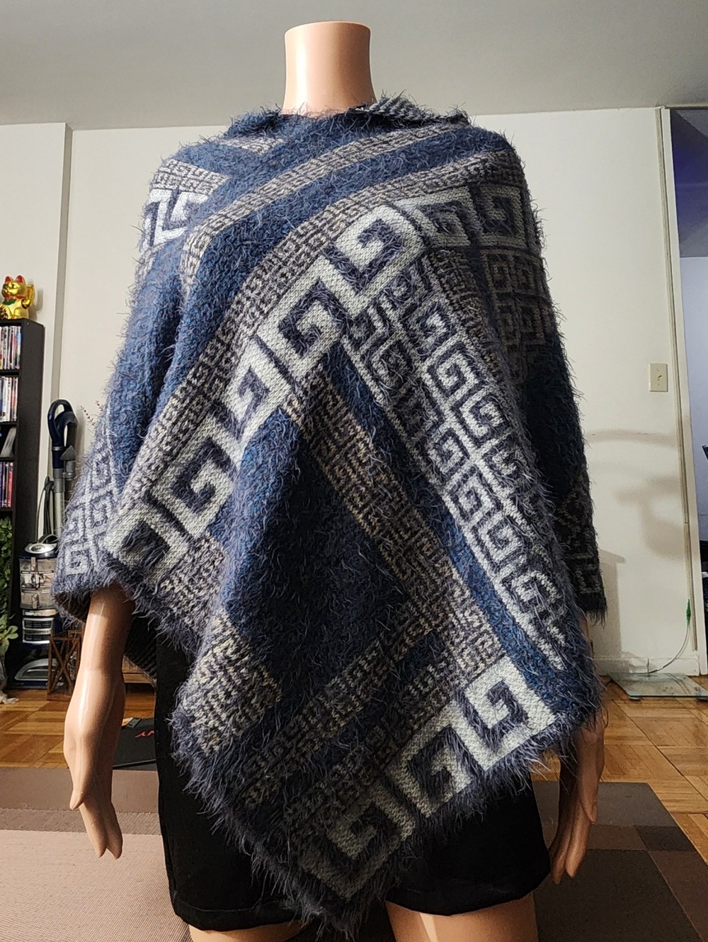 Fuzzy Geometric Hooded Poncho in Blue and Gray